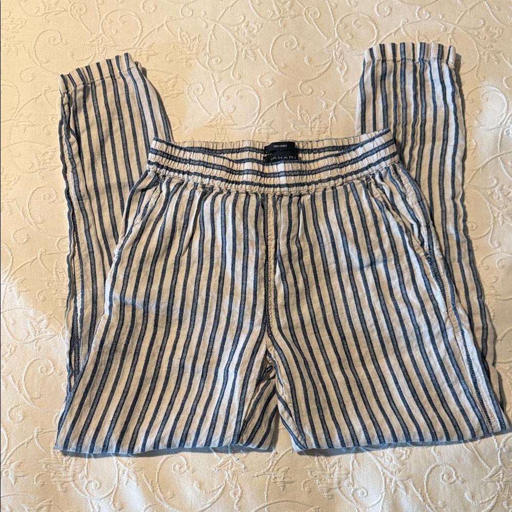 Tahari Navy and White Striped Linen Pants